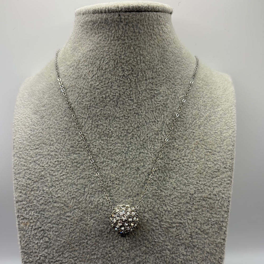 Vintage 80’s Silver Starburst Ball Necklace Rhinestones